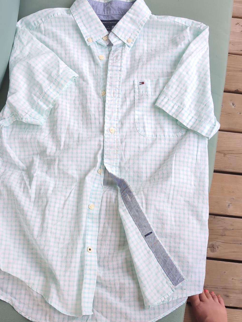 Tommy Hilfiger Light Green & White Checked Short-Sleeve Button-Down Shirt Size M